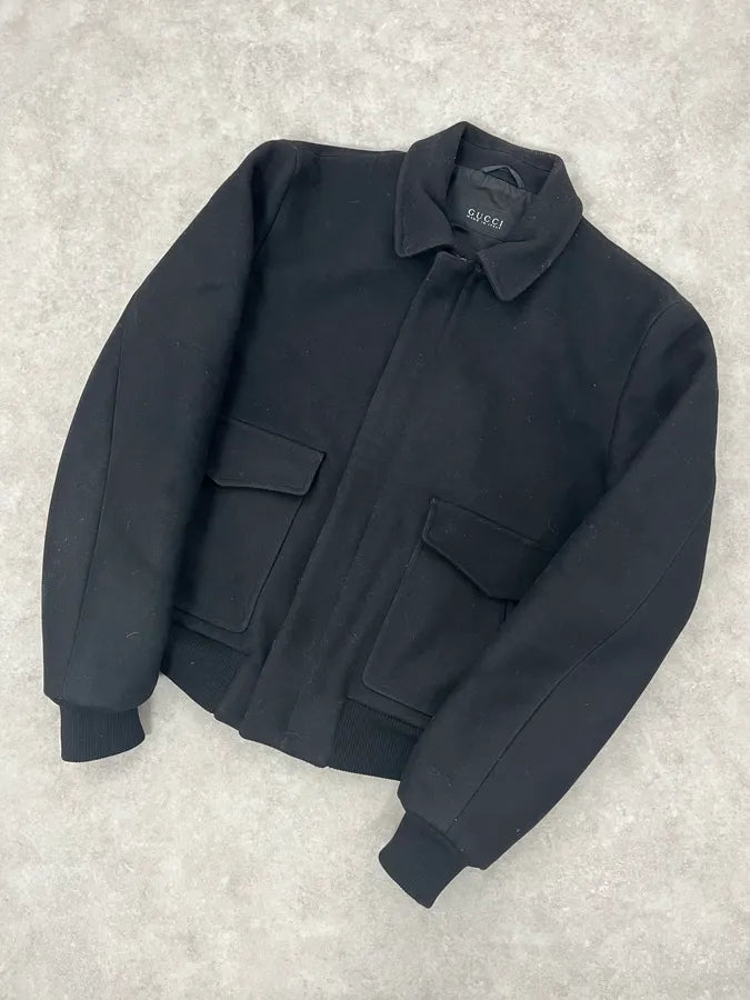 AW2014 Gucci Black Wool Bomber Jacket JaNwSOV 3