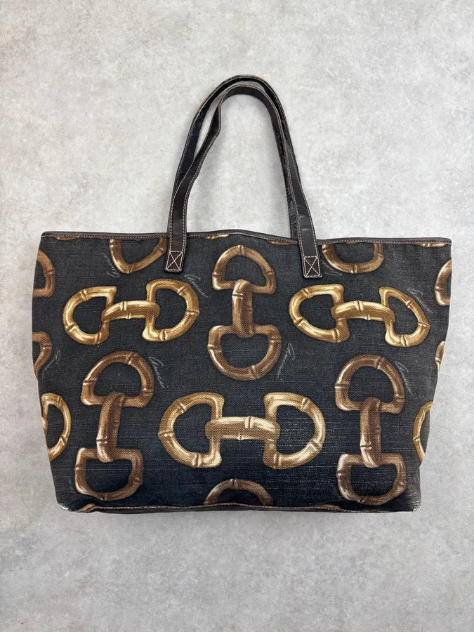 SS2005 Gucci Black Canvas Bamboo Rings Tote Bag rWfwHtB 9