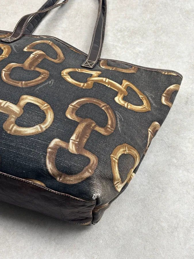 SS2005 Gucci Black Canvas Bamboo Rings Tote Bag rWfwHtB 11