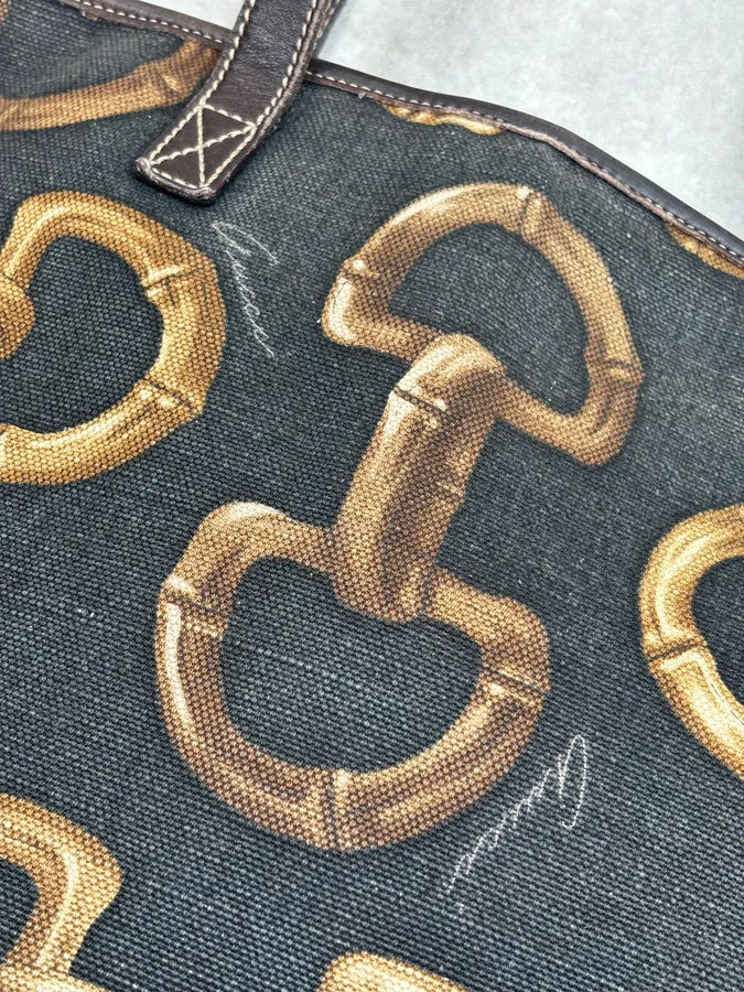 SS2005 Gucci Black Canvas Bamboo Rings Tote Bag rWfwHtB 10