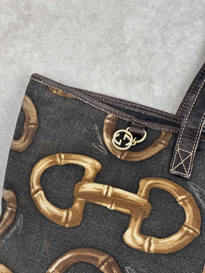 SS2005 Gucci Black Canvas Bamboo Rings Tote Bag rWfwHtB 5