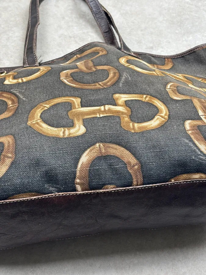 SS2005 Gucci Black Canvas Bamboo Rings Tote Bag rWfwHtB 6