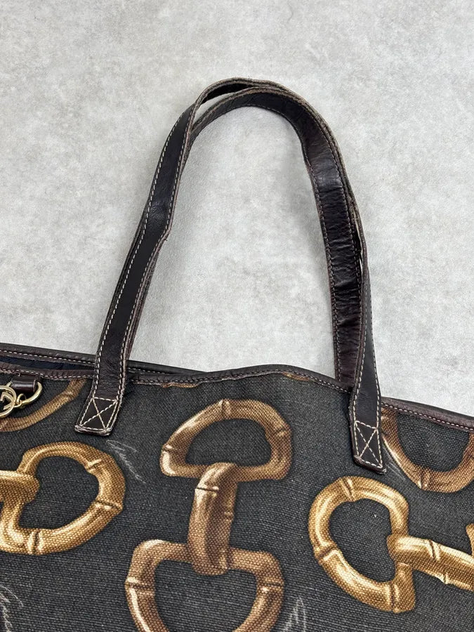 SS2005 Gucci Black Canvas Bamboo Rings Tote Bag rWfwHtB 3
