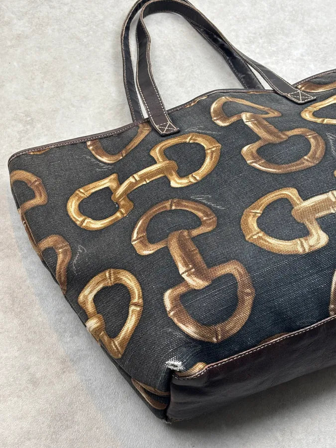 SS2005 Gucci Black Canvas Bamboo Rings Tote Bag rWfwHtB 12