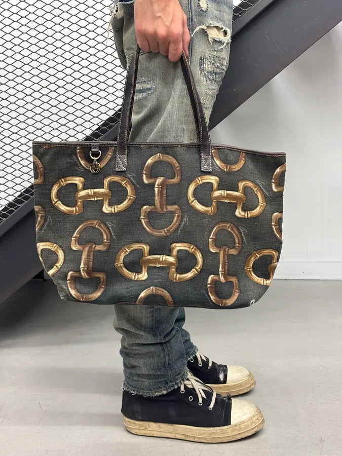 SS2005 Gucci Black Canvas Bamboo Rings Tote Bag rWfwHtB 1