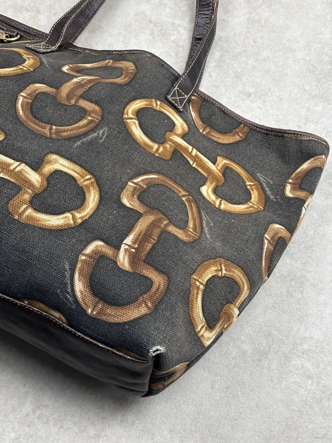 SS2005 Gucci Black Canvas Bamboo Rings Tote Bag rWfwHtB 4
