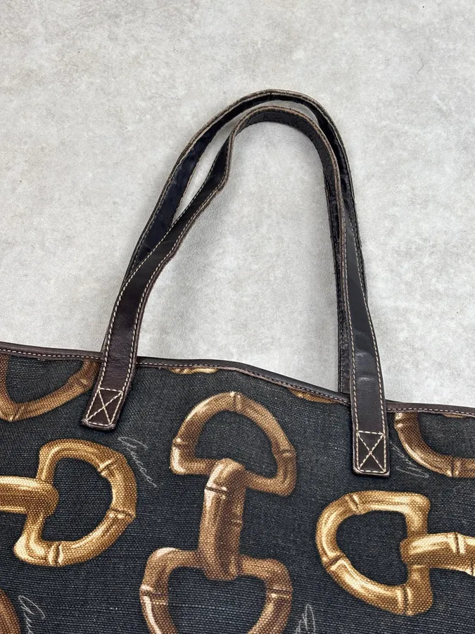 SS2005 Gucci Black Canvas Bamboo Rings Tote Bag rWfwHtB 8
