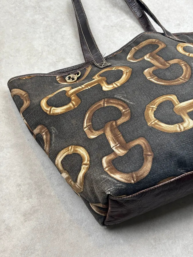 SS2005 Gucci Black Canvas Bamboo Rings Tote Bag rWfwHtB 7