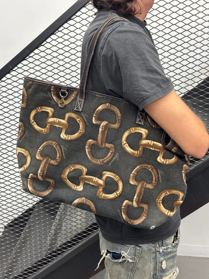 SS2005 Gucci Black Canvas Bamboo Rings Tote Bag rWfwHtB 2