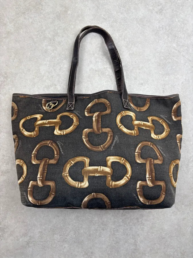 SS2005 Gucci Black Canvas Bamboo Rings Tote Bag rWfwHtB 0