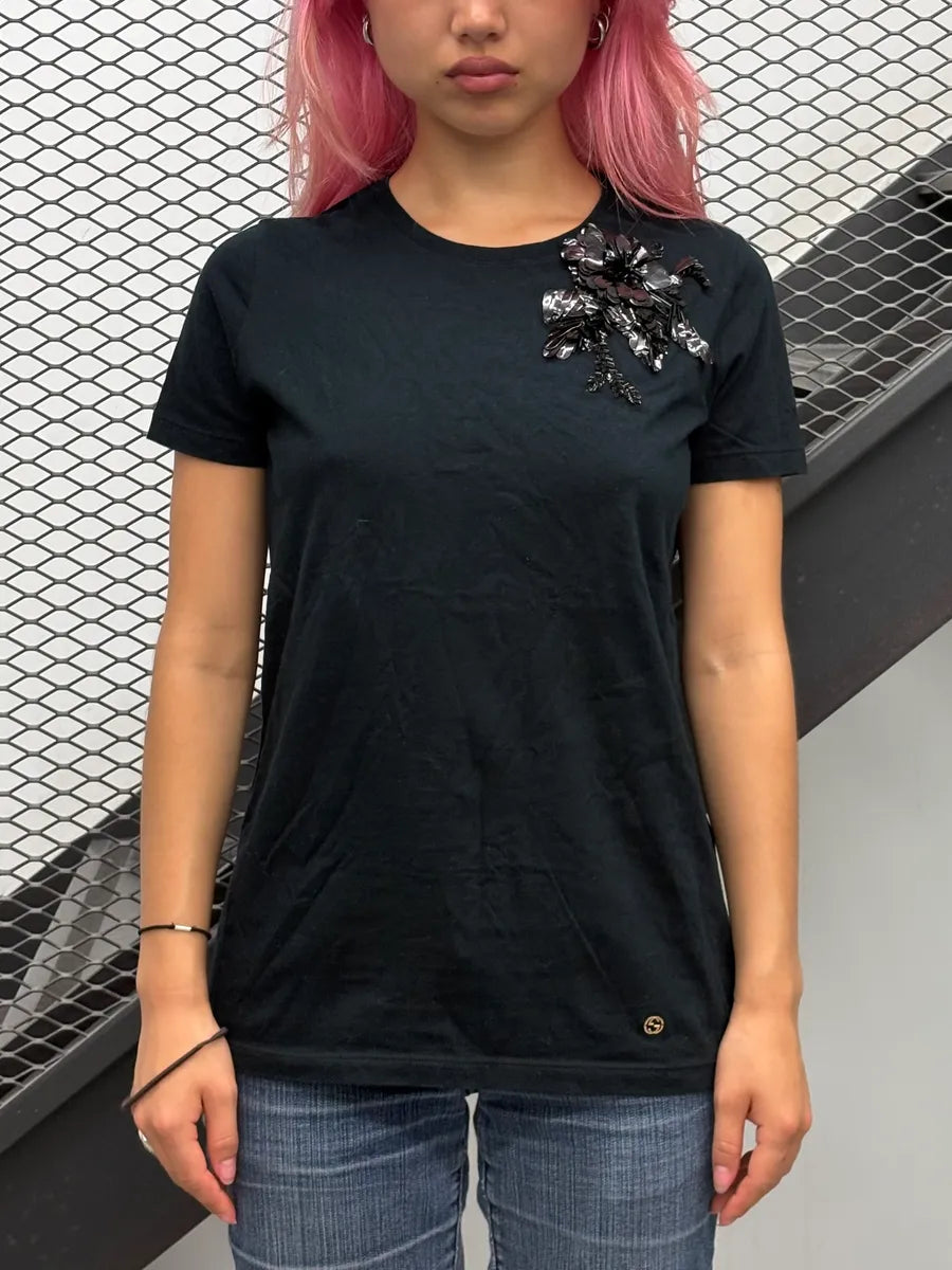 2010s Gucci Black Floral Embellished T-Shirt cAiuElP 0