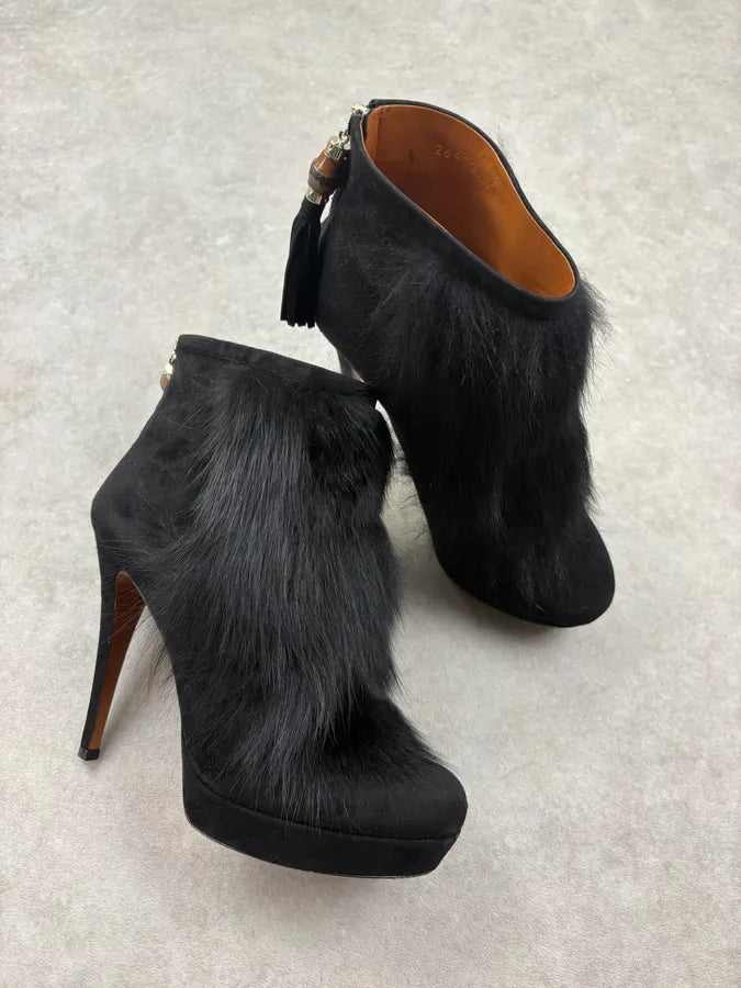 AW2011 Gucci Black Fur Suede Leather Heels by Frida Giannini WXOMEyY 4