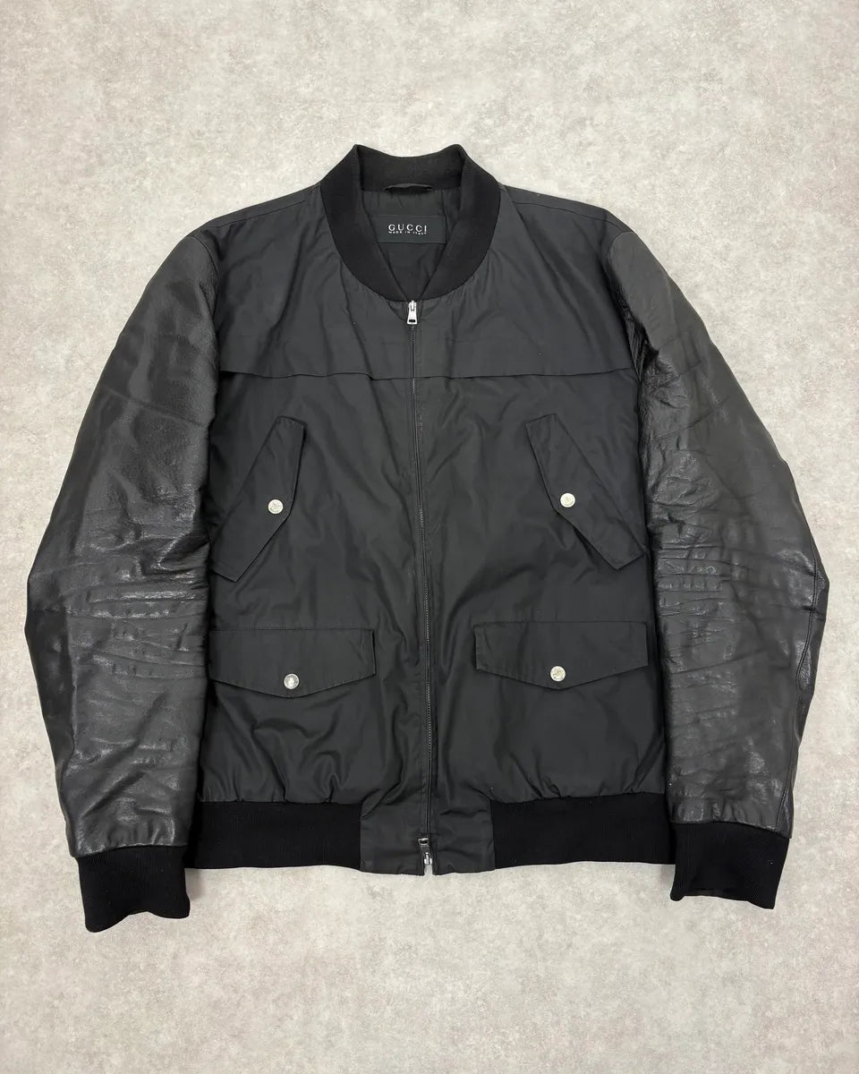 2010s Gucci Black Leather & Nylon Bomber Jacket zShpmJF 0