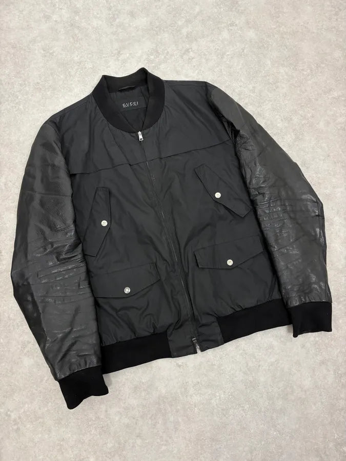 2010s Gucci Black Leather & Nylon Bomber Jacket zShpmJF 3