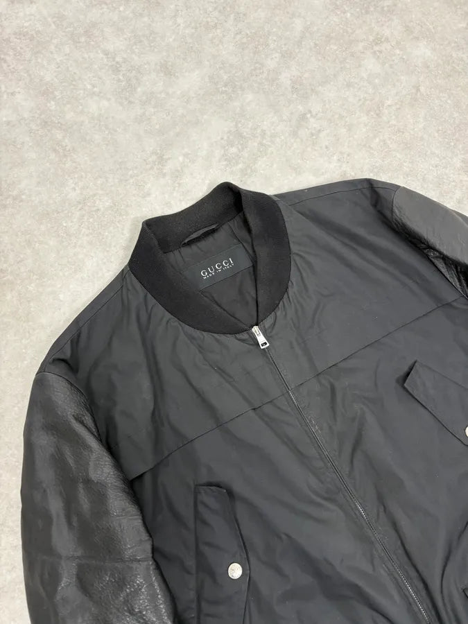 2010s Gucci Black Leather & Nylon Bomber Jacket zShpmJF 4