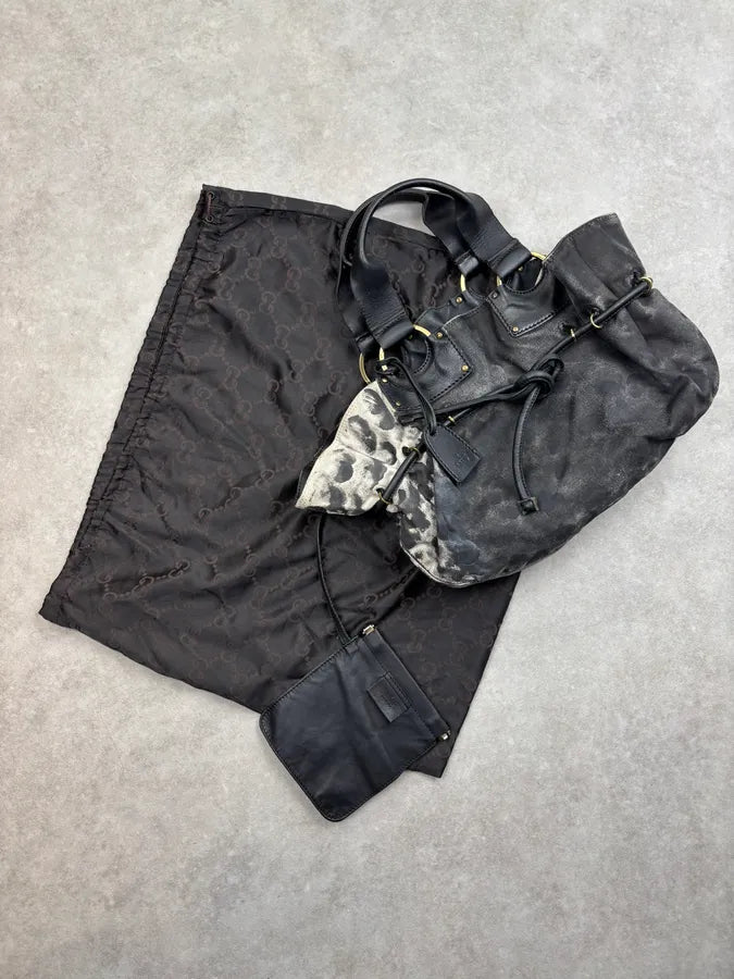 SS2013 Gucci Black Leather & Canvas Animal Print Handle Bag SxVQJHA 0