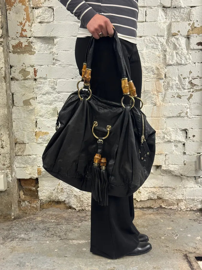 Gucci Black Leather Bamboo Handle Tassel Charm Shoulder Bag  HcaZVmX 1