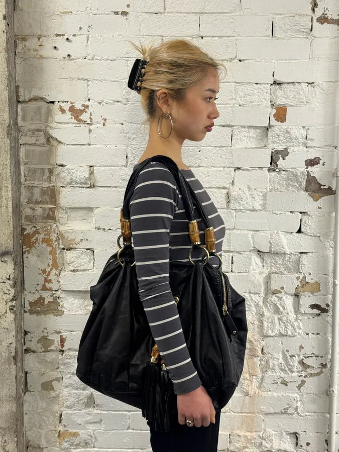 Gucci Black Leather Bamboo Handle Tassel Charm Shoulder Bag  HcaZVmX 2