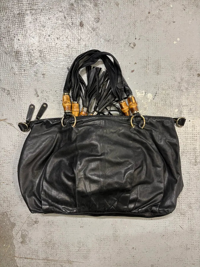 Gucci Black Leather Bamboo Handle Tassel Charm Shoulder Bag  HcaZVmX 4