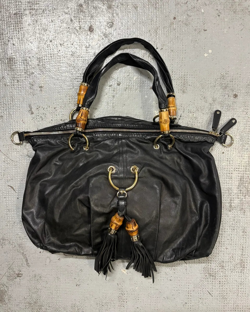 Gucci Black Leather Bamboo Handle Tassel Charm Shoulder Bag  HcaZVmX 0