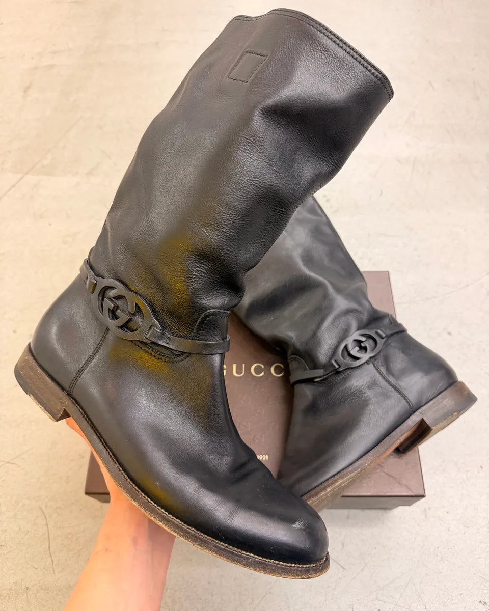 Gucci Black Leather Buckle Ankle Boots LWbyoaU 0