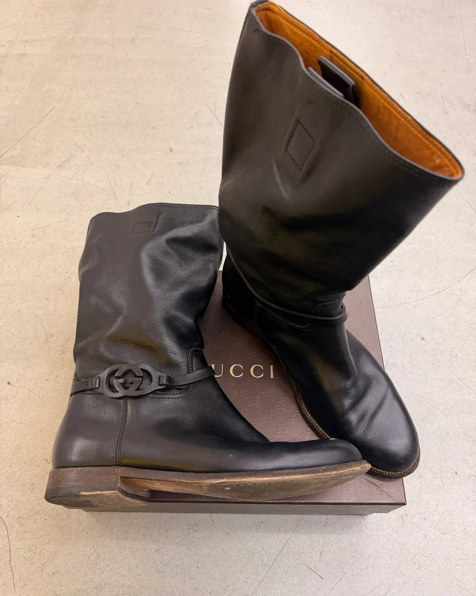 Gucci Black Leather Buckle Ankle Boots LWbyoaU 1
