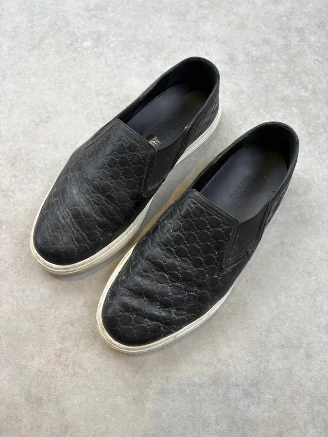 Gucci Black Leather GG Monogram Slip-On Sneakers GupzoeL 2