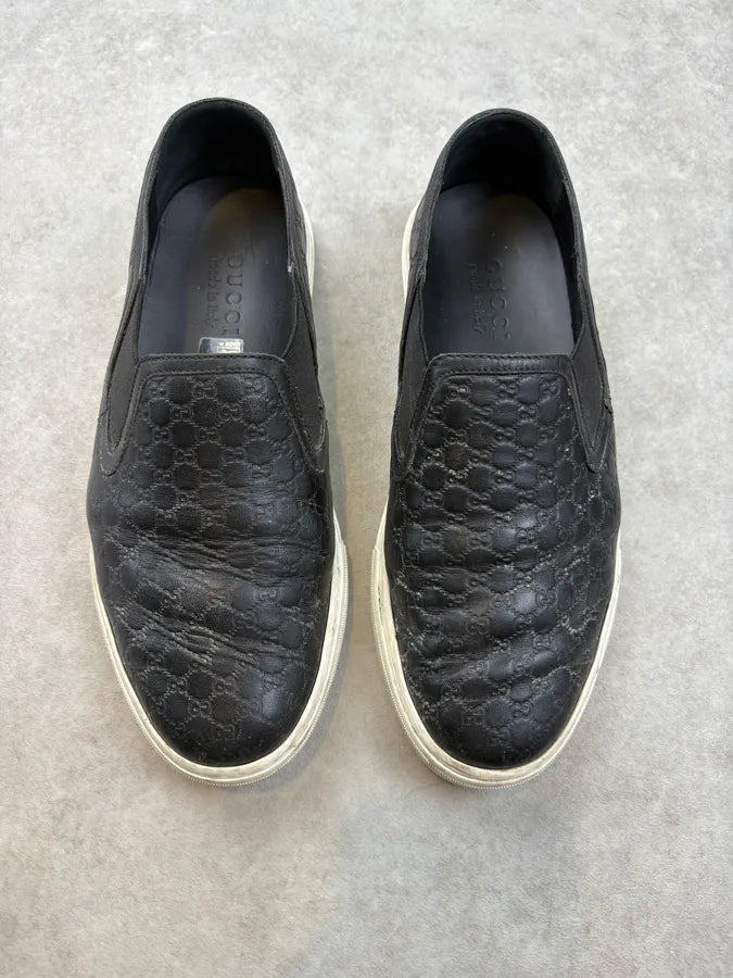 Gucci Black Leather GG Monogram Slip-On Sneakers GupzoeL 1