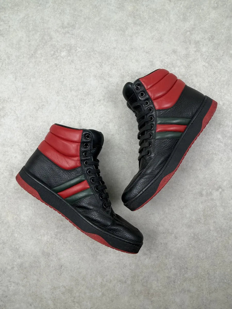 Gucci Black Leather High Red Contrast Stripe Sneakers sUJbfop 1