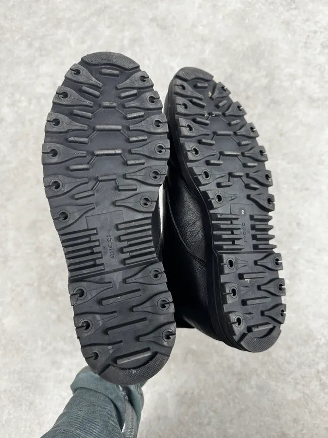 Gucci Black Leather Lace-Up Textured Cuff Boots LiFaGbk 6