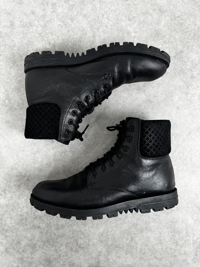 Gucci Black Leather Lace-Up Textured Cuff Boots LiFaGbk 2