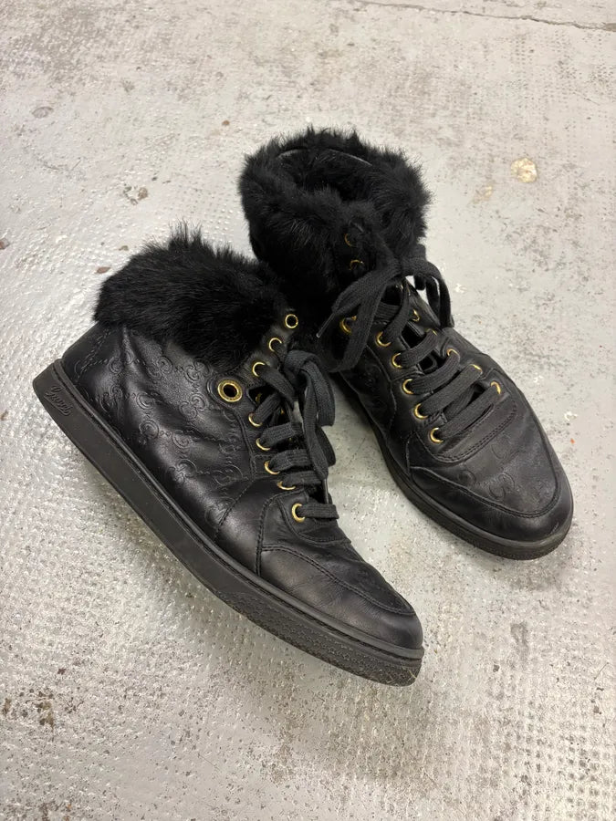 2010s Gucci Black Leather Fur Monogram Sneakers gsxDPLY 4