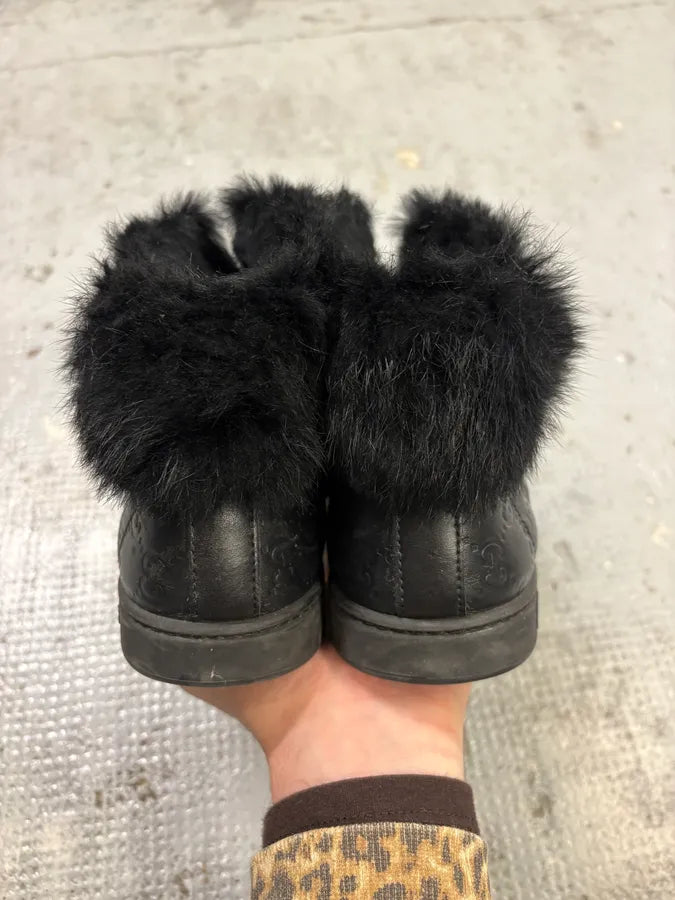 2010s Gucci Black Leather Fur Monogram Sneakers gsxDPLY 5