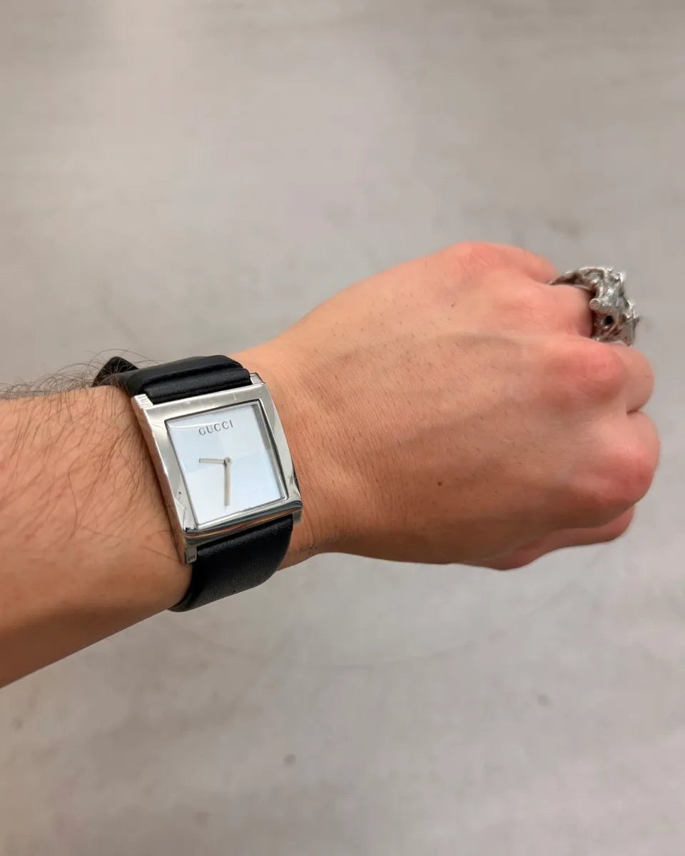 Gucci Black Leather Rectangle Dial Watch AHGLhUL 0