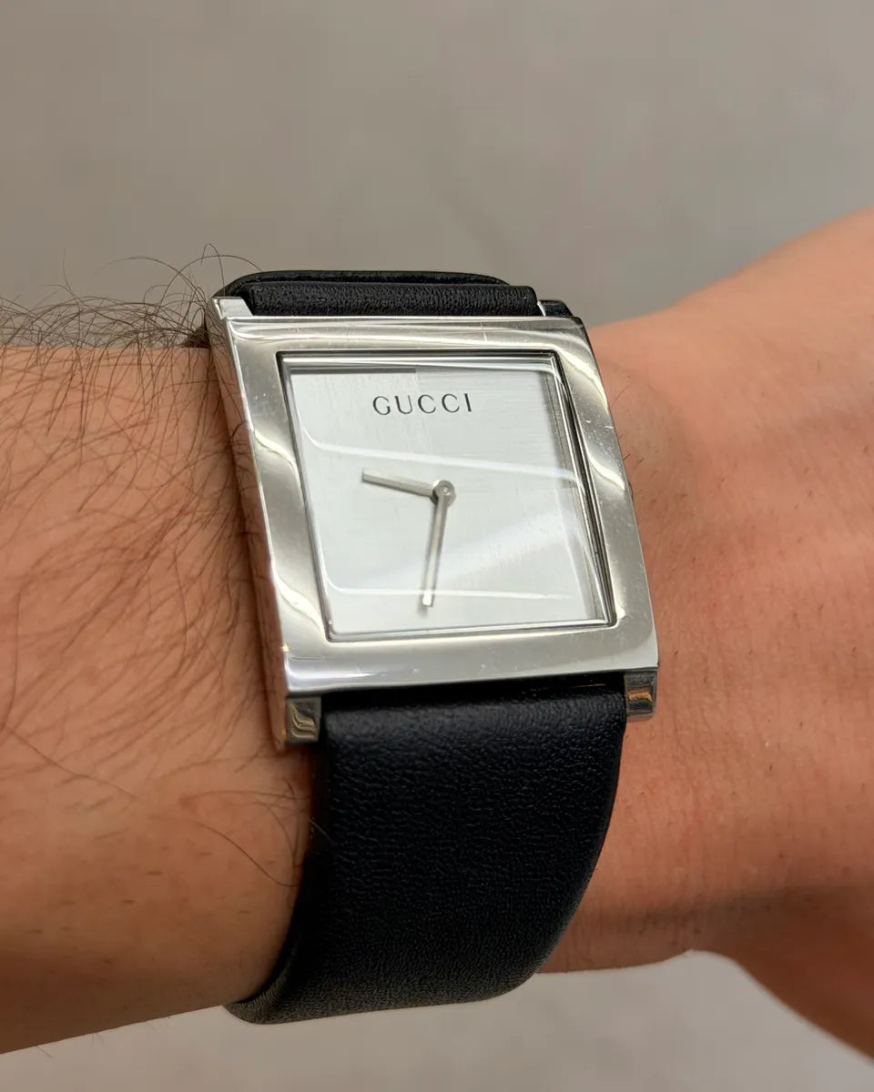 Gucci Black Leather Rectangle Dial Watch AHGLhUL 2