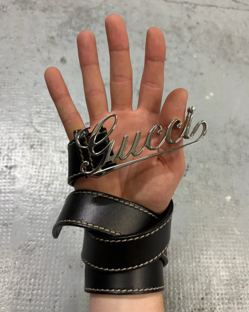 Gucci Black Leather Script Logo Belt fEyUNio 1