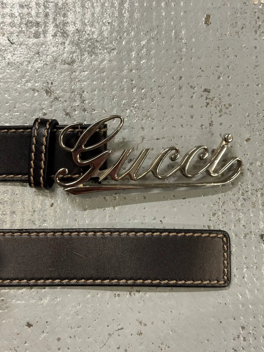 Gucci Black Leather Script Logo Belt fEyUNio 3