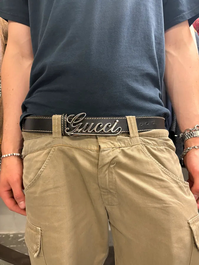 Gucci Black Leather Script Logo Belt fEyUNio 0