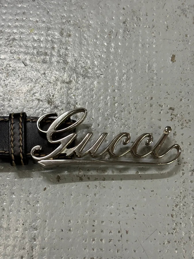 Gucci Black Leather Script Logo Belt fEyUNio 2