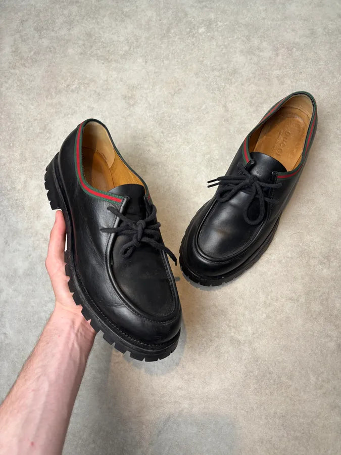 Gucci Black Leather Web Derby Shoes IbCvnow 0