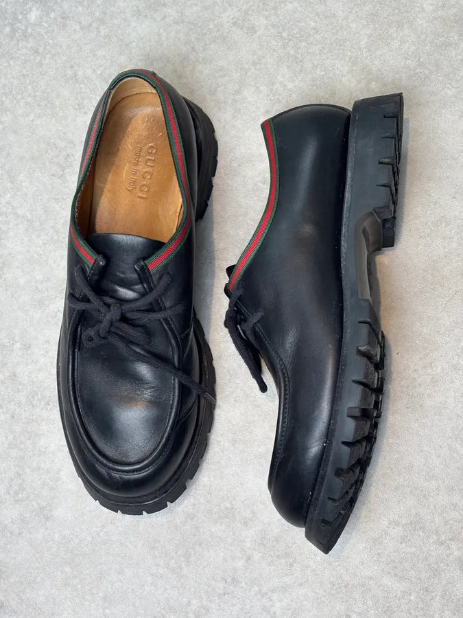 Gucci Black Leather Web Derby Shoes IbCvnow 6