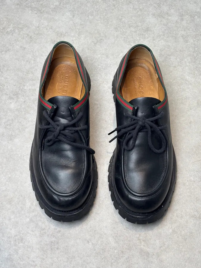 Gucci Black Leather Web Derby Shoes IbCvnow 3