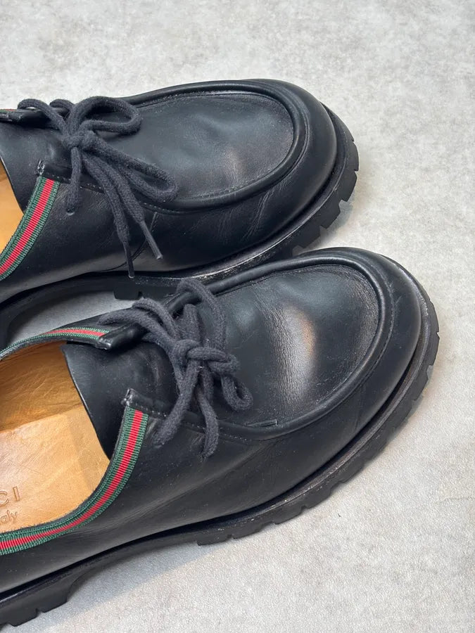 Gucci Black Leather Web Derby Shoes IbCvnow 7