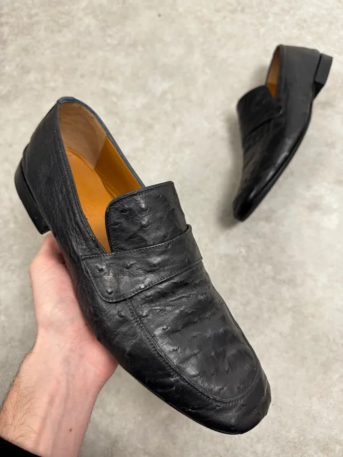 2000s Gucci Black Ostrich Waxed Leather Loafers  muMgTGU 0