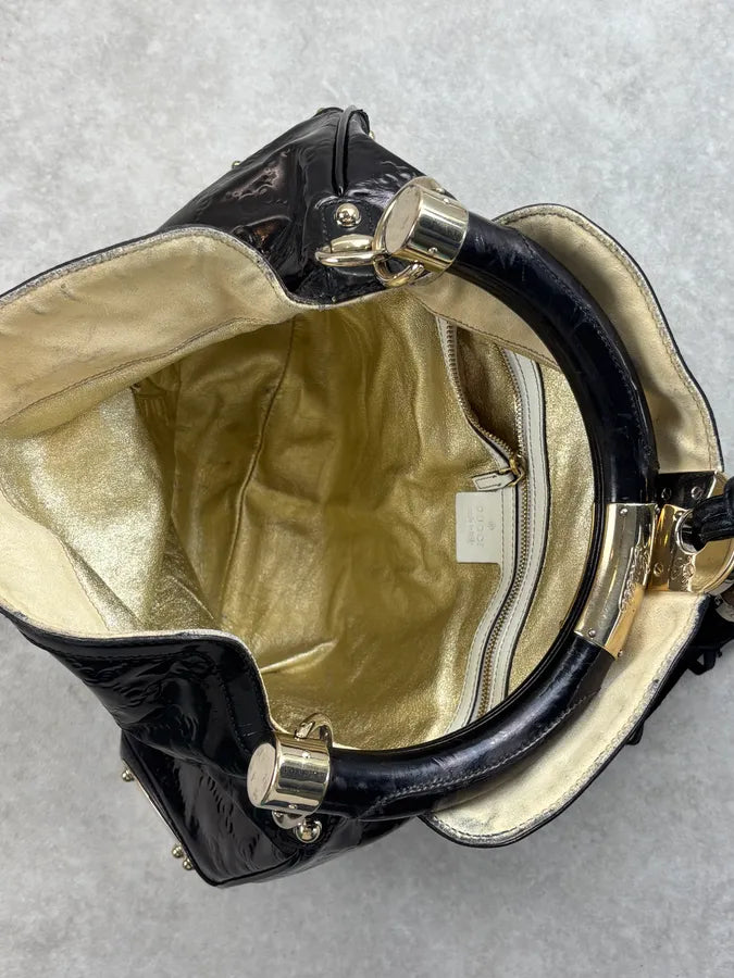 SS2008 Gucci Black Patent Leather Indy Hobo Bag by Frida Giannini ZFJEymC 14