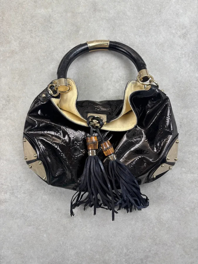 SS2008 Gucci Black Patent Leather Indy Hobo Bag by Frida Giannini ZFJEymC 0