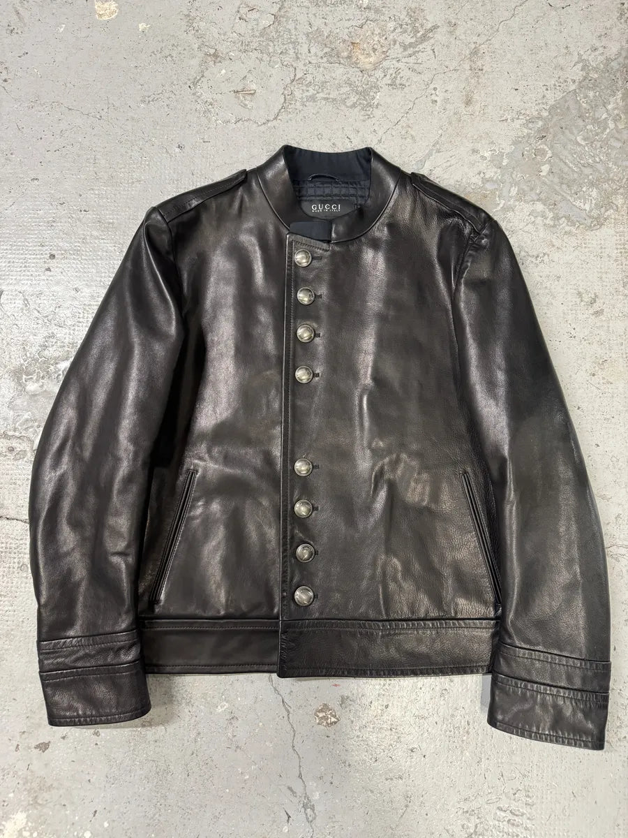 Gucci Black Premium Buttoned Naval Leather Jacket MKpBEPW 0