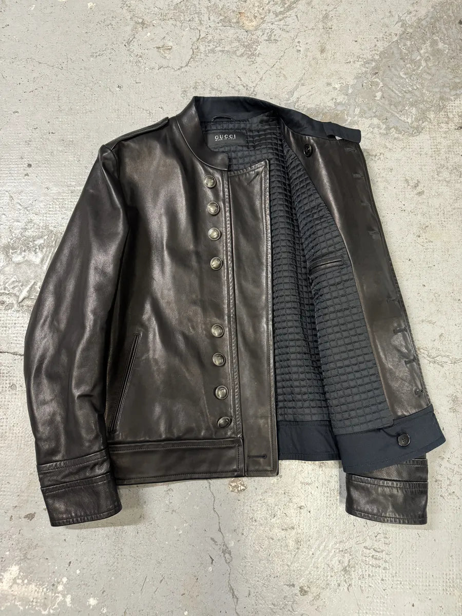 Gucci Black Premium Buttoned Naval Leather Jacket MKpBEPW 11
