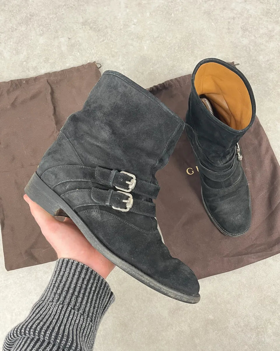Gucci Black Two Buckle Suede Leather Boots mCmFVrR 0