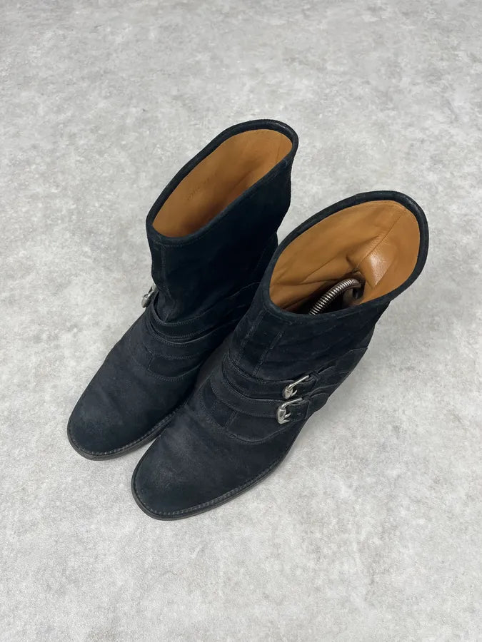 Gucci Black Two Buckle Suede Leather Boots mCmFVrR 5